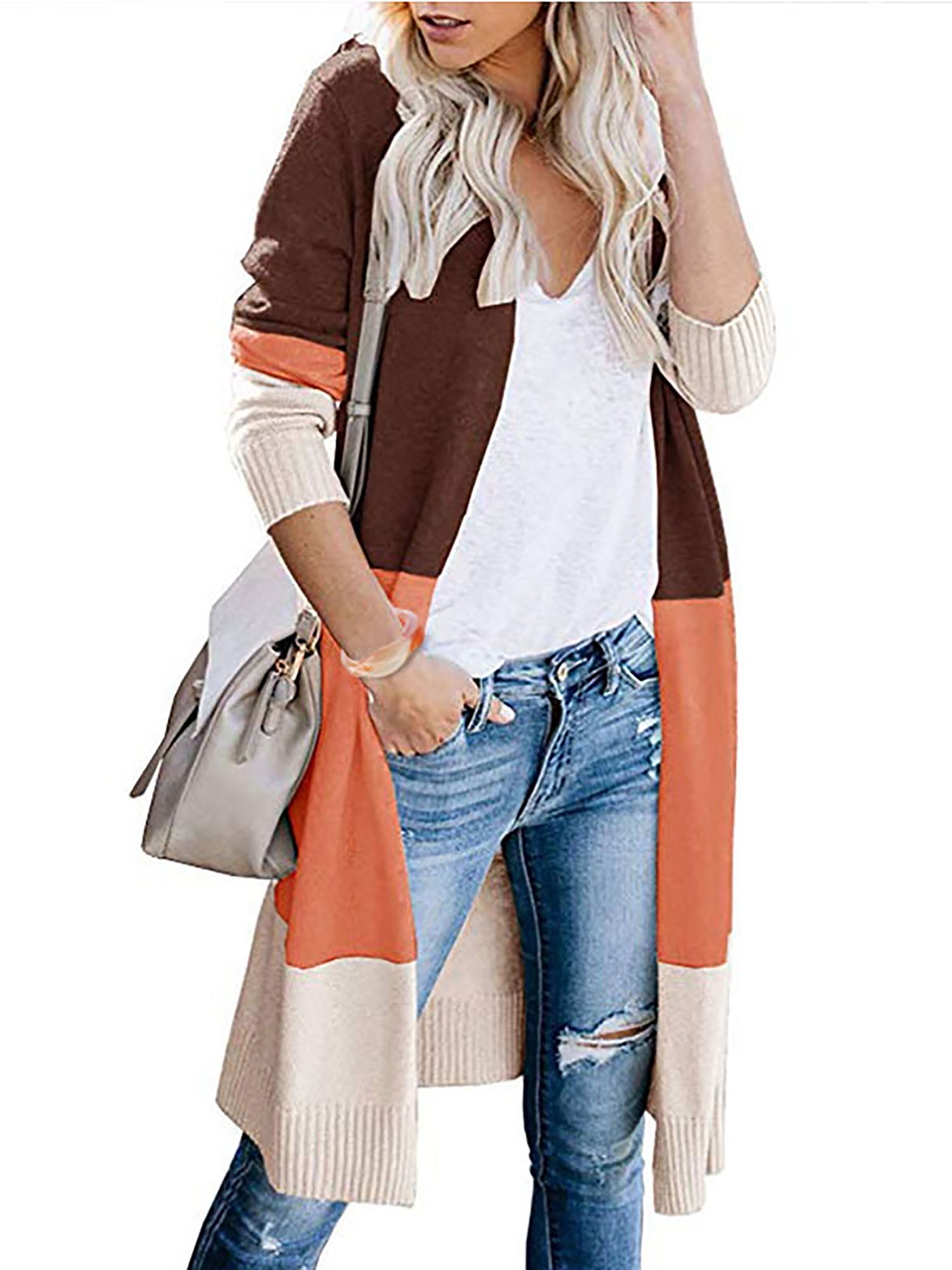 HUUSA Womens Fashion Open Front Color Block Long Cardigan Sweater Coat with Pockets 
