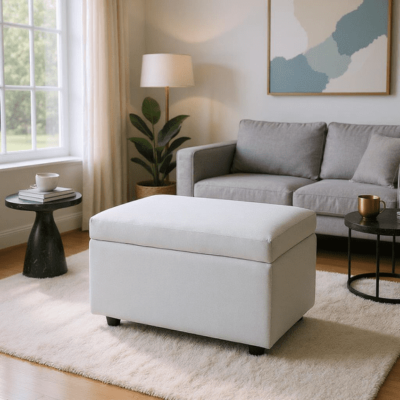 Xilee Beige Linen-Textured Storage Ottoman with Rubber Feet,Tufted End of Bed Bench, Upholstered Entryway Bench for Bedroom, Living Room & Window