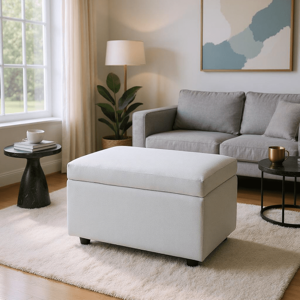 Xilee Beige Linen-Textured Storage Ottoman with Rubber Feet Tufted End of Bed Bench Upholstered Entryway Bench for Bedroom Living Room & Window