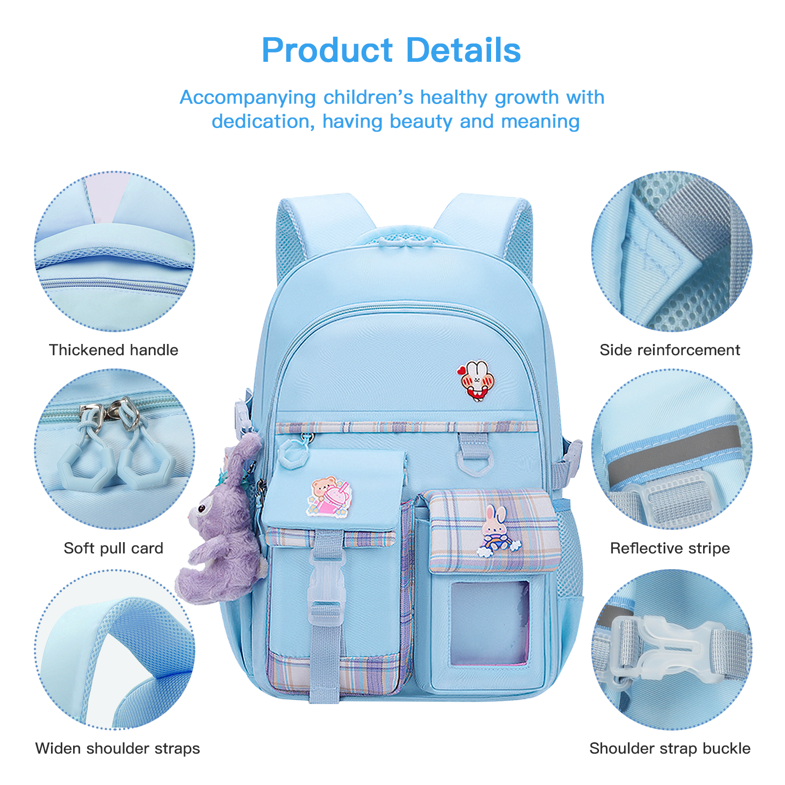 Kadyn Travel Backpacks, Cute Bookbag for Teen, Multifunctional School Durable Schoolbag with Lina Bell, 3 Decorative Cards and Lunch Bag, Blue