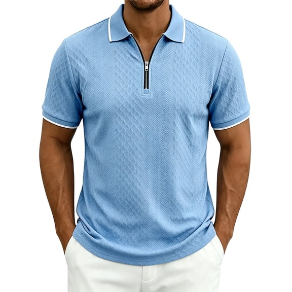 USNSM Men's Casual Solid Color Knitted Shirts Short Sleeve Textured Zipper Collared Pullover Golf T Shirts Blue XXXL