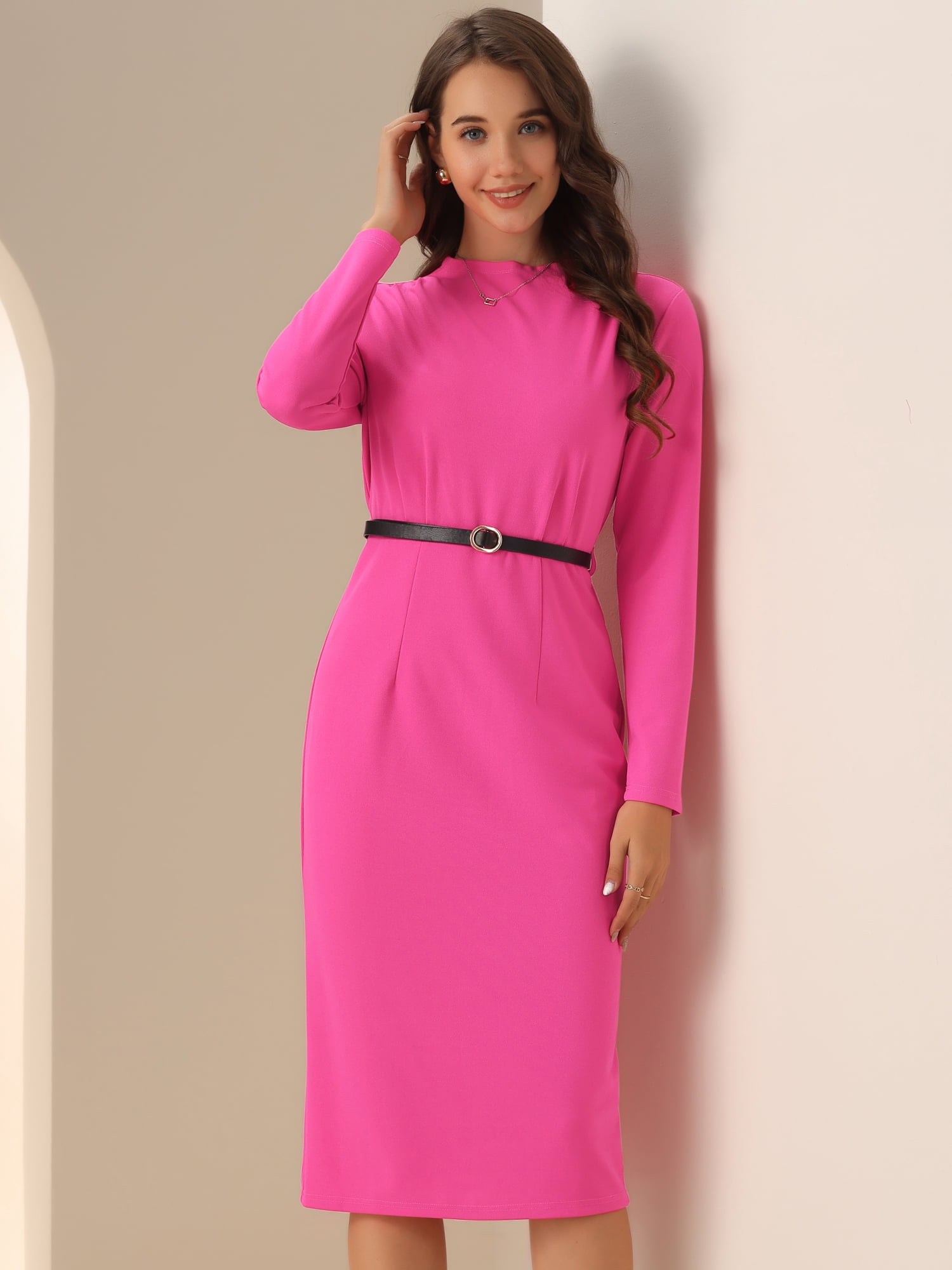 DARING DIVA Belted Waist Bodycon Work Sheath Dress M Hot Pink