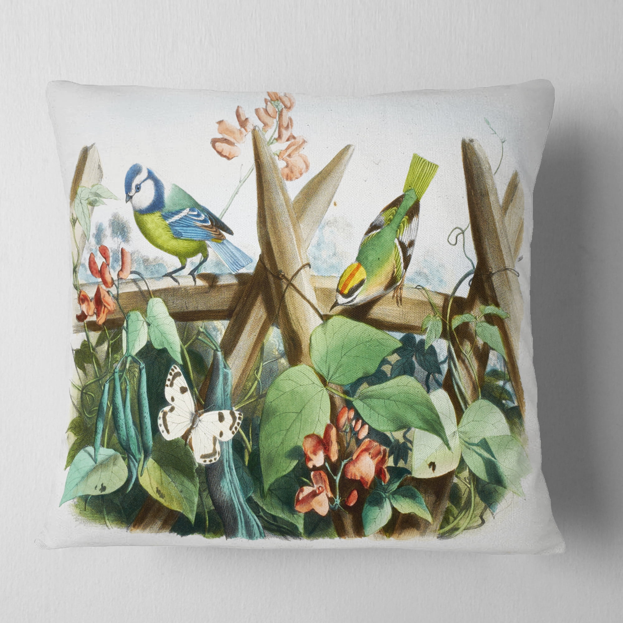 Designart Colorful Birds Sitting on Branches - Animal Throw Pillow - 18x18
