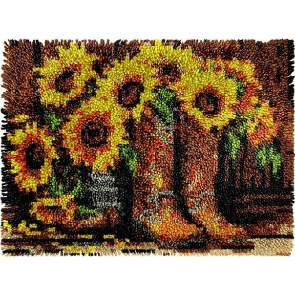 Sunflower Cowgirl Boots DIY Latch Hook Kits Rug DIY Cushion Tapestry Making Crochet Hooking Mat Making Kits Color Imprinted Pattern Canvas DIY Carpet Needlework Crochet Kits 52x38cm