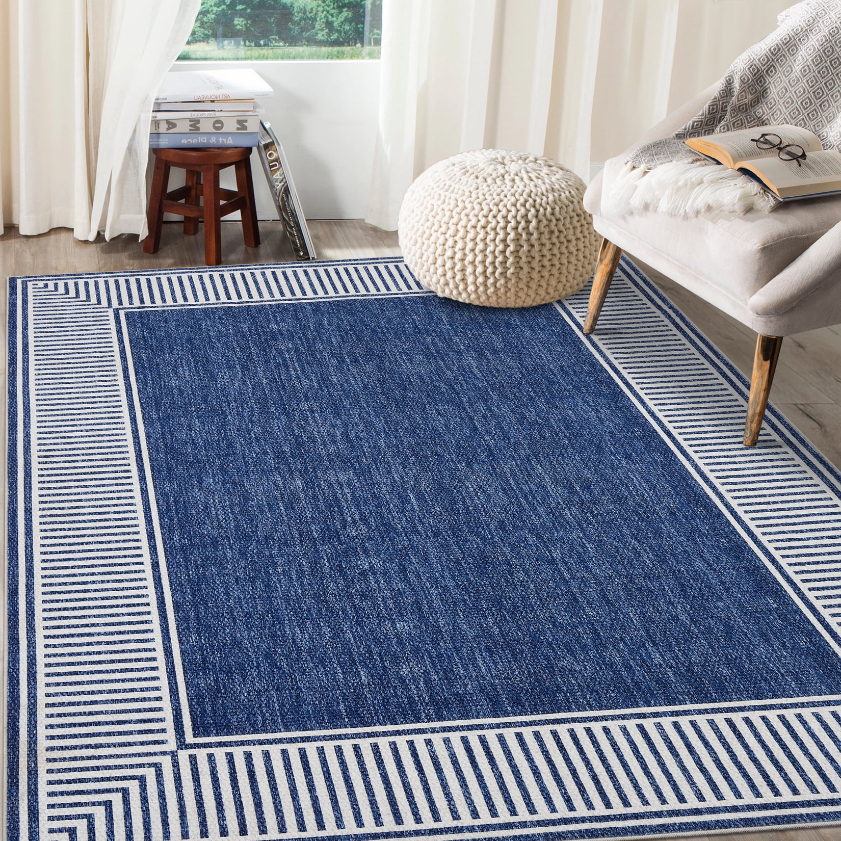 Garvee Indoor Bordered Area Rug, 5'x7' Modern Non Slip Rubber Backing Washable Rug Low Pile Striped Rugs Carpet for Bedroom Living Room Nursery Office, Blue