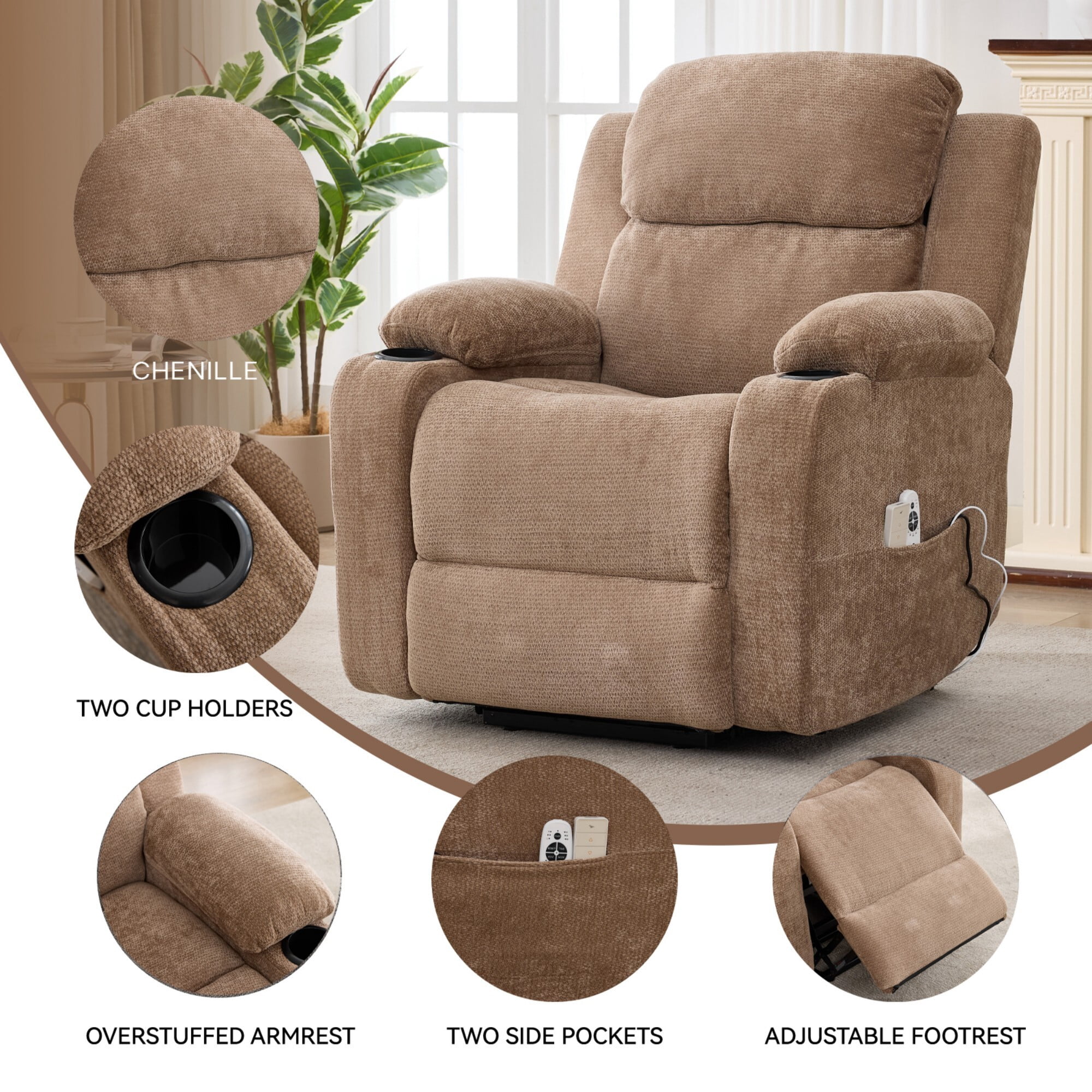 AENKYO Power Lift Recliner Chair with Massage & Heat, Adjustable Backrest & Footrest, Side Pockets & Cup Holders, Brown