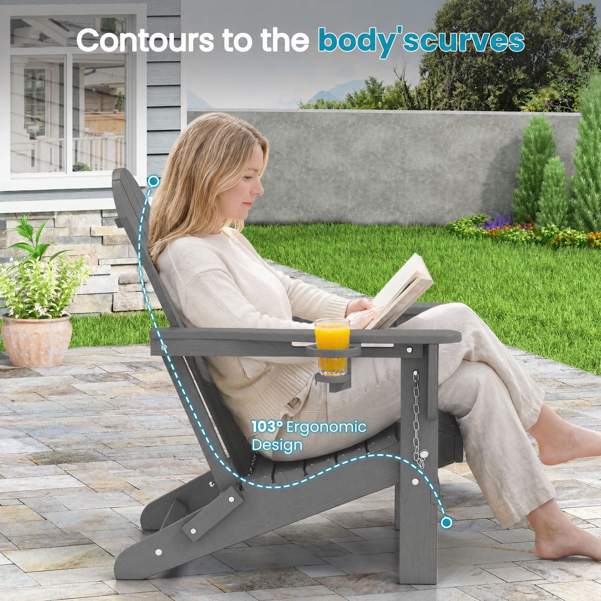 JONPONY Folding Adirondack Chair - HDPE All-Weather Outdoor Chairs, Patio Chairs Outdoor Wood Like Adirondack Chair for Backyard, Camping, Pool & Fire Pit,Grey