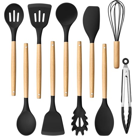 Silicone Cooking Utensils Set, 10-Piece Chef Kitchen Non-Stick Cookware with Wooden Handle, 450°F Heat Resistant - Black