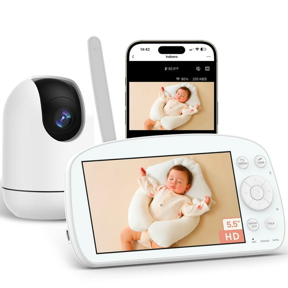 Smart WiFi Baby Monitor with 5.5" 1080P Camera, 360° Pan-Tilt, Night Vision, 2-Way Audio, Temperature & Motion Alerts, Wall Mount, Lullabies, Multi-User App