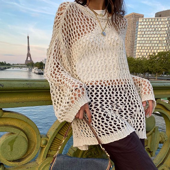 Hauaitttt Women Hollow Out Oversized Sweater Long Sleeve Printing Punk Sweaters Ripped Knitted Top Streetwear Stretch Sweat Pirouette Sweatshirt Plaid Fuzzy Pullover Mens Baggy Sweater Womens Long