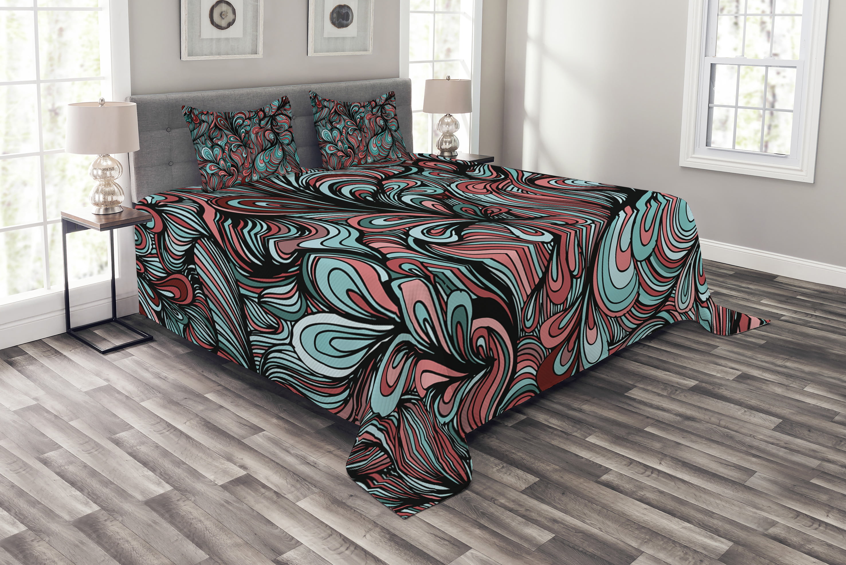 Art Bedspread Set Queen Size, Absurd Shapes with Dim Colors in a Grunge ...