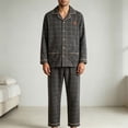 thumbnail image 3 of Iyufng Men's Grid Plaid Sleepwear 2 Piece Sets Collared Button Down Long Sleeve Shirt & Straight Lounge Pants Daily Home Nightwear Matching Set for Fall and Winter, 3 of 4