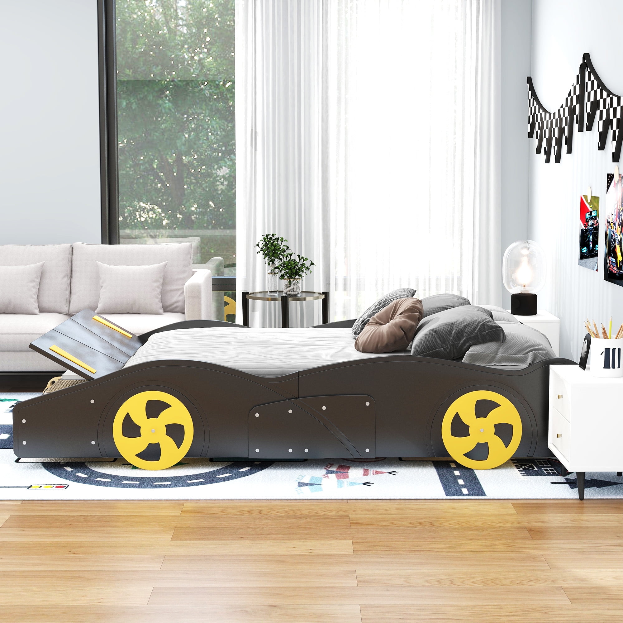 Euroco Wood Full Size Car-Shaped Platform Bed with Tires, Lower Profile Bed with Storage for Bedroom, Black
