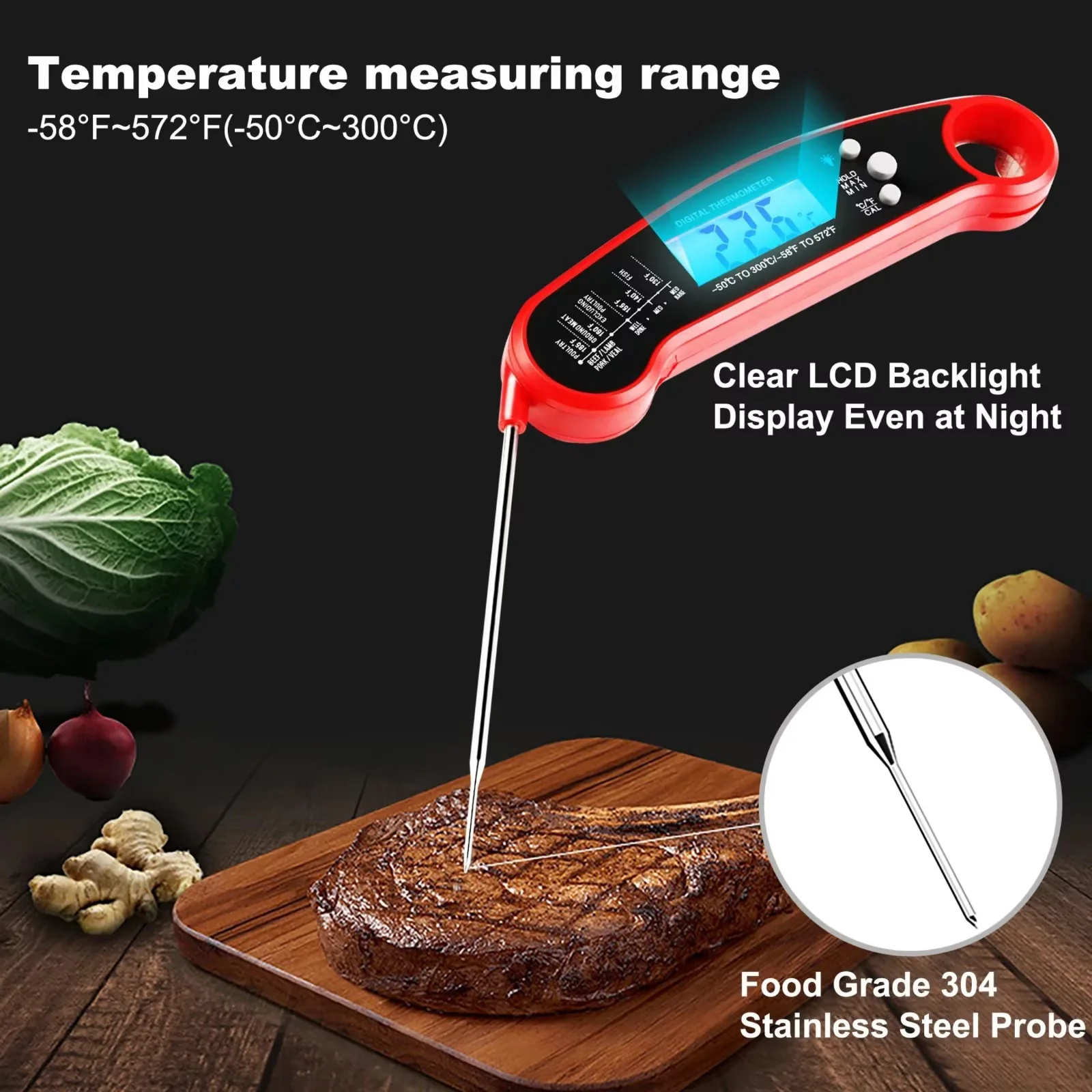 Digital Meat Thermometer for Grilling, Baking & Candy, Instant Read with Foldable Probe, Red/Black Dual Pack​