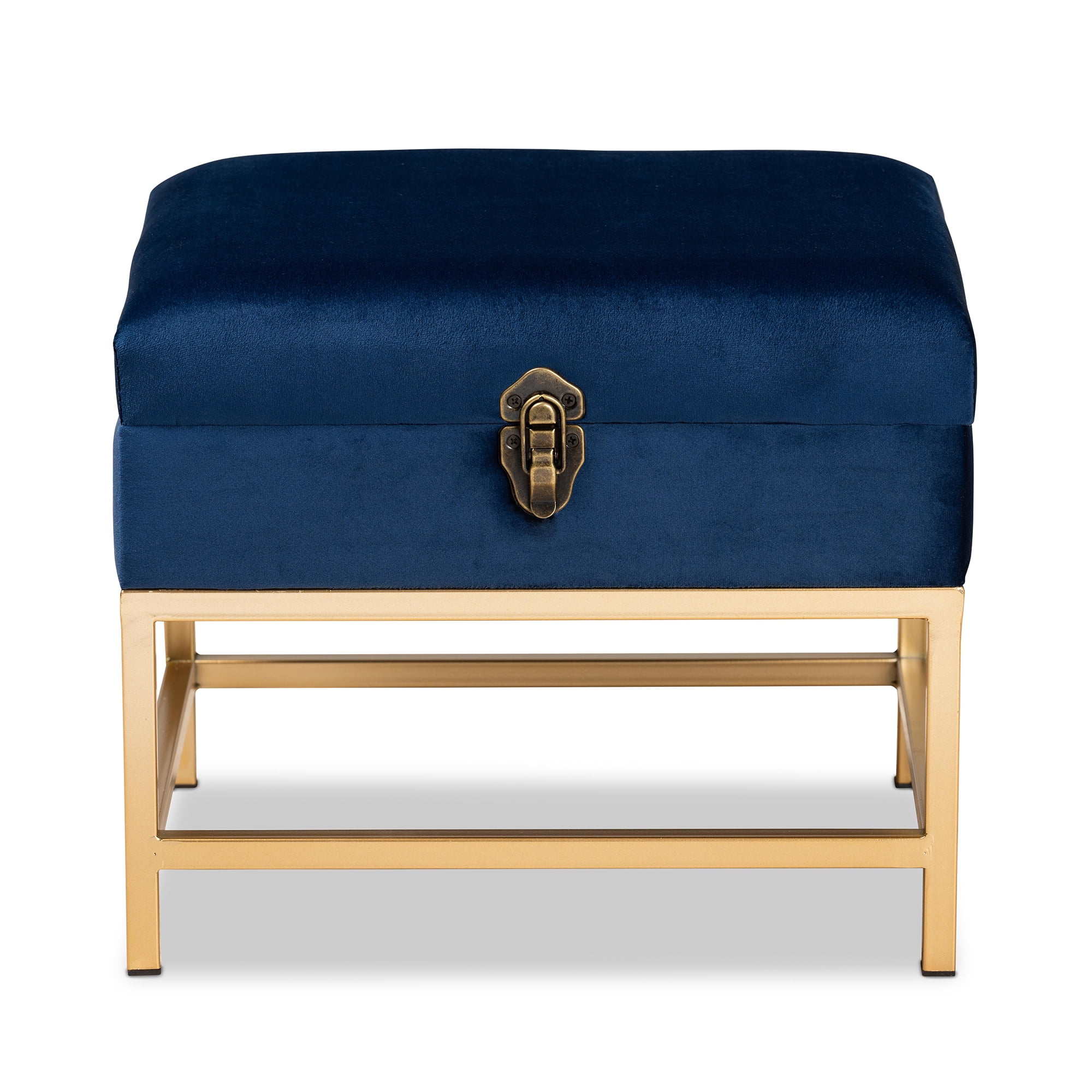 Baxton Studio Aliana Glam and Luxe Navy Blue Velvet Fabric Upholstered and Gold Finished Metal Small Storage Ottoman