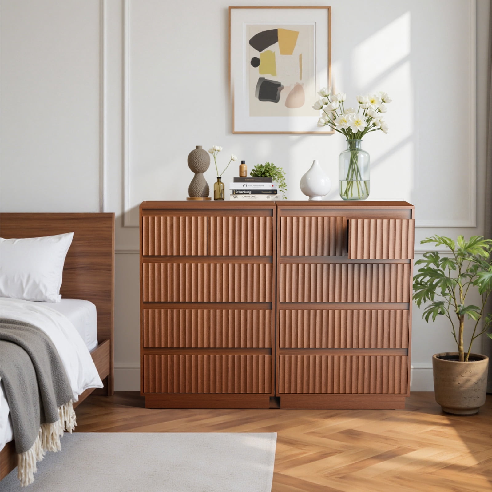 UPGO 25.3'' Fluted Dresser for Living Room, Bedroom, Hallway, Entryway with Deep 5 drawers, Wooden Dresser
