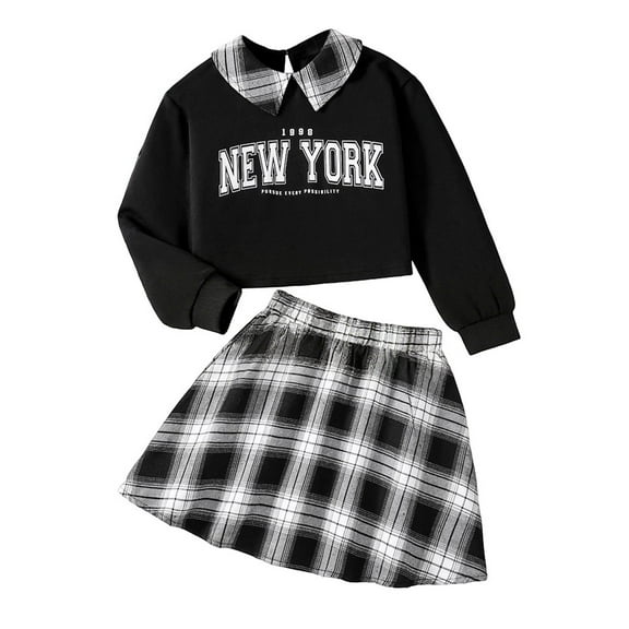 Gaexia Fall Outfits For Girls 10-12 ,Girls Spring Outfits Long Sleeve Letter Print Pullover Hoodie Plaid Pleated Skirt Set Casual Two Piece Tween Clothes,10 Years