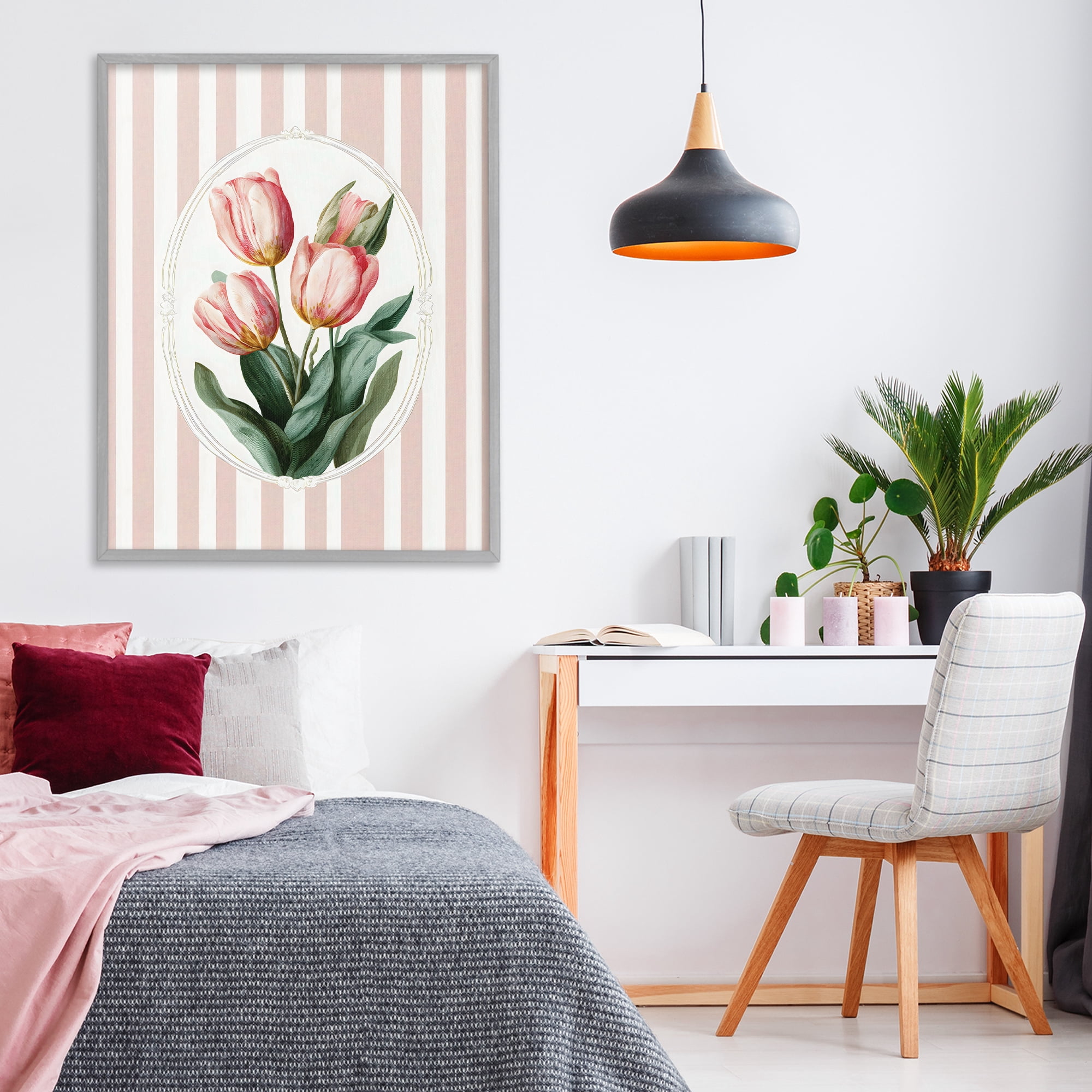 Stupell Industries Vintage Tulips on Stripes Gray Framed Giclee Art, design by Ink Drop Loft