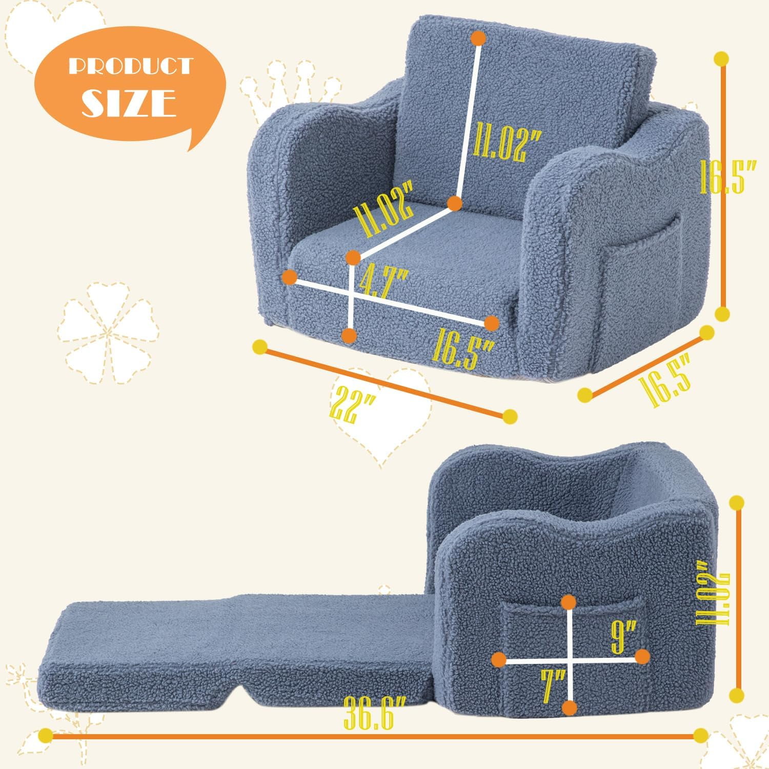 Toddler Baby Chair Couch Sofa Kids Foldable 2-in-1 Sherpa Fold Out Couch Bed Toddler Chairs Comfy for Boys & Girls Convertible Kids Furniture Lounge Chair for Playroom with Double Pockets, Dark Grey