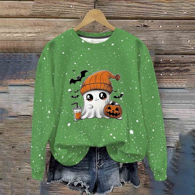 Ailaofu Women's Halloween Printed Round Neck Casual Sports Long Sleeve Sweatshirt Top Sweatshirt Loose Soft Long Sleeve Pullover Tops