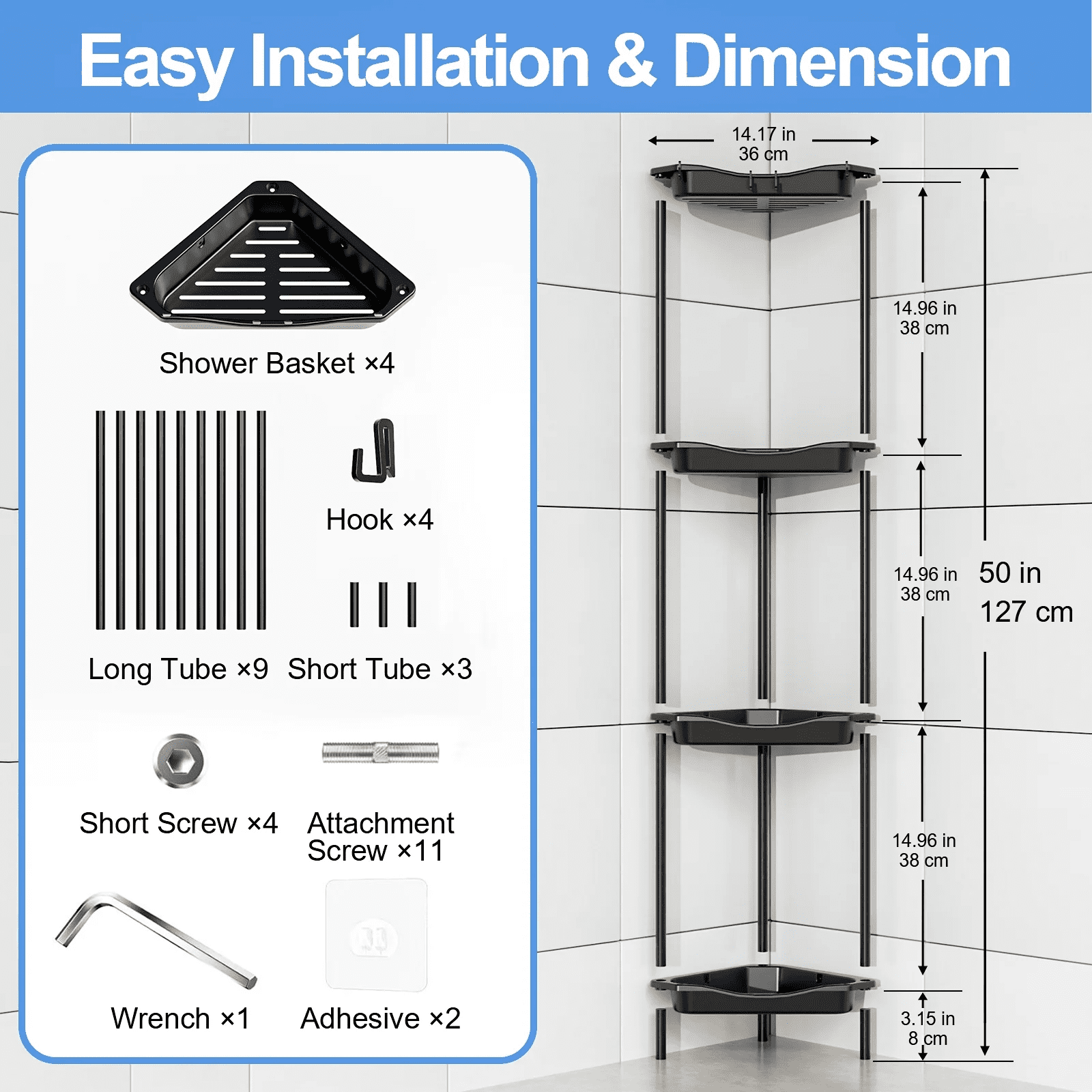 TINANA 4 Tier Floor Standing Corner Shower Caddy Organizer: Reinforced Plastic Shower Shelves with Extra-Tall Storage for Large Shampoo Bottles, Rustproof Bathroom Corner Shelf Rack with Hooks, Black