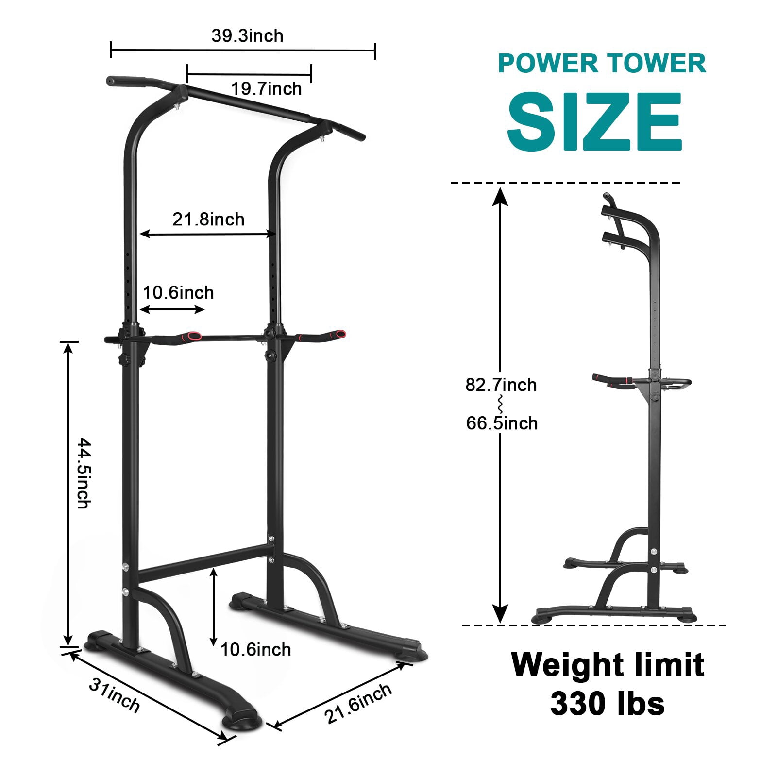 Height Adjustable Power Tower Dip Station, Multi-Function Pull Up Bar with PU Pads, Heavy Duty Steel Fitness Equipment Max 330LBS for Home Gym Full Body Strength Training
