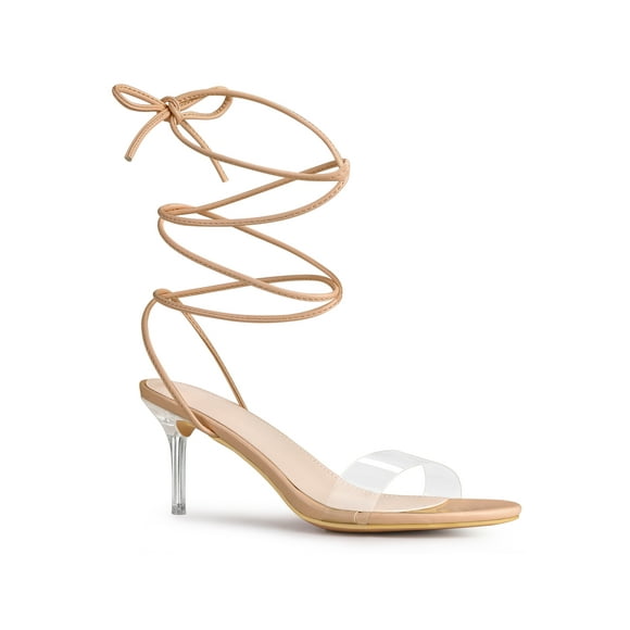 Allegra K Women's Clear Strap Lace Up Clear Stiletto Heel Sandals Nude 9