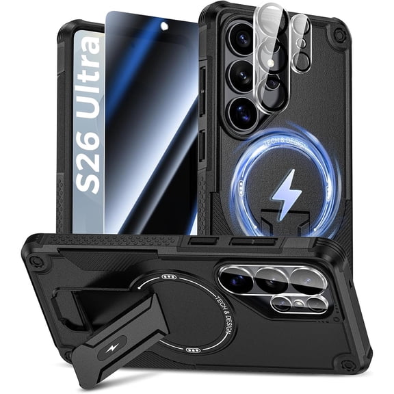Dteck for Samsung Galaxy S26 Ultra Case with Privacy Screen Protector   Camera Lens Cover, Fit for MagSafe, Heavy Duty Rugged Shockproof Phone Cover with Stand,Black