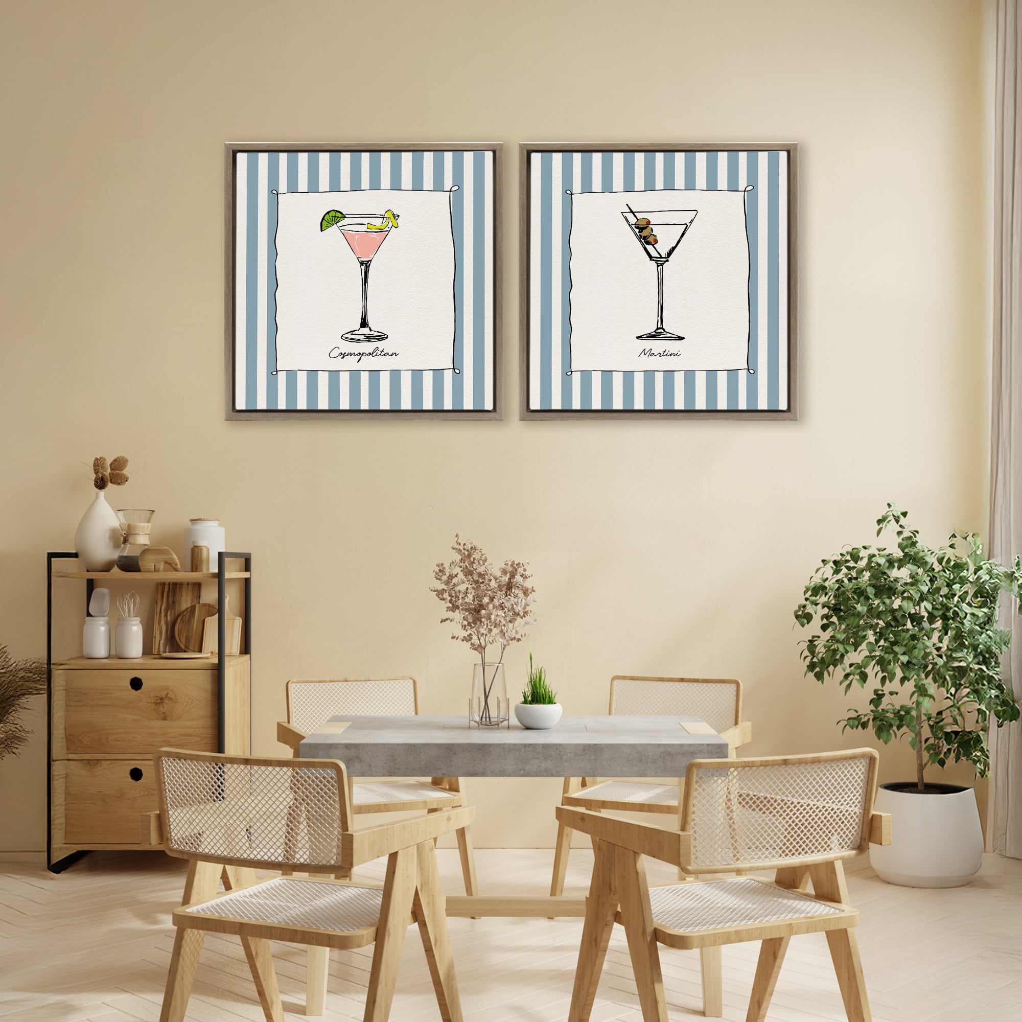 Stupell Industries Summer Drinks on Stripes 2 Piece Brown Framed Floater Canvas Set, design by Susan Jill