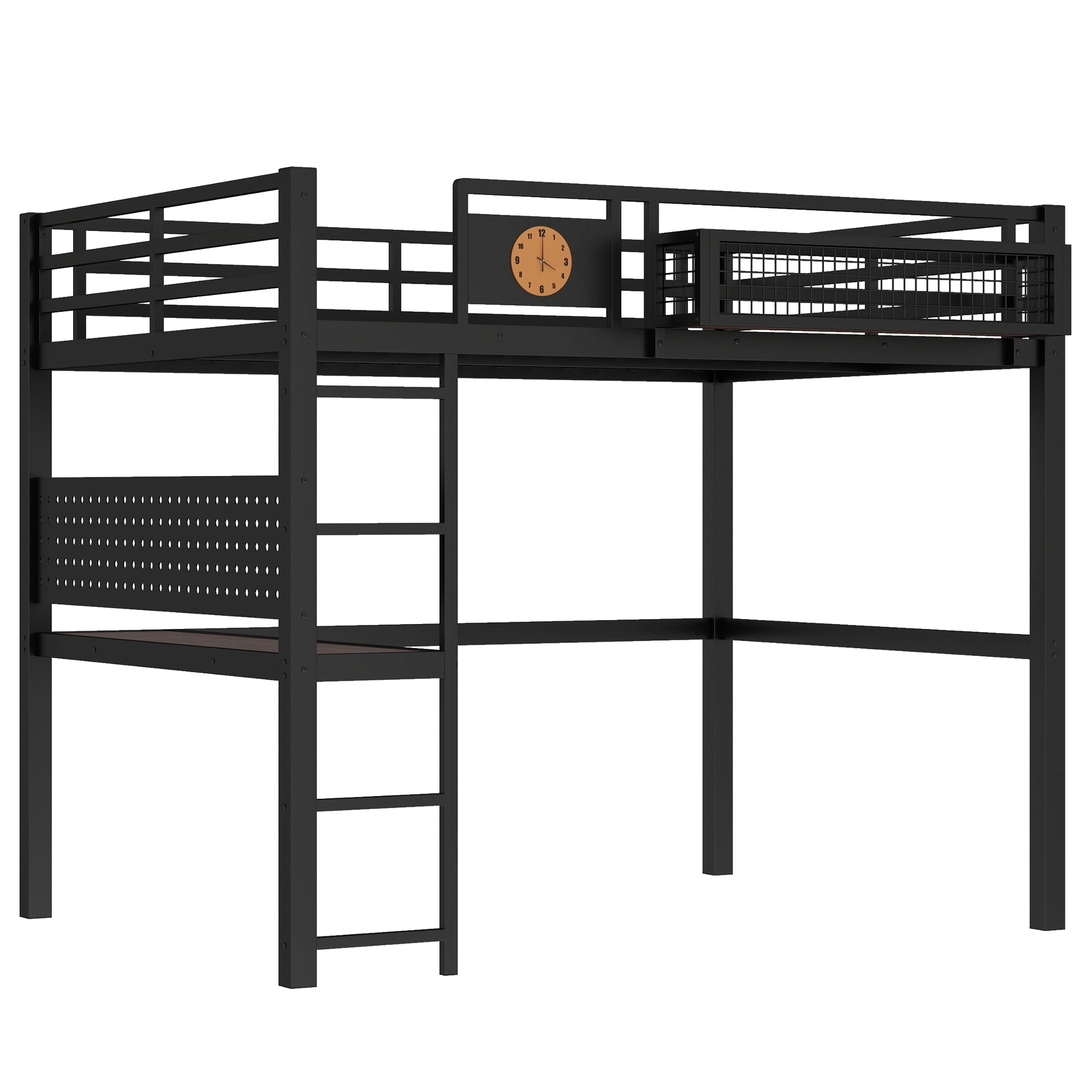 Leumius Full Size Loft Bed with Desk,Metal Loft Bed Frame with Charging Port,Clock and Storage Basket,Black