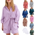 thumbnail image 3 of TRKIYQC Traje de dormir de 2 piezas para mujer, camisa de cuello vuelto de un solo pecho de manga 3/4 de color sólido + pantalones cortos de cintura elástica TRKIYQC moda, 3 of 4