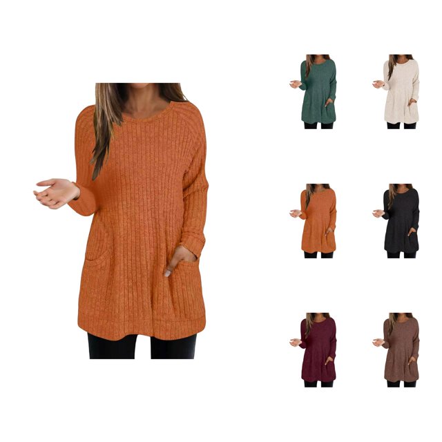 Long Chandail pour Femmes 2025 Manches Longues Col Rond Tricoté Côtelé avec Poches Tenues Automne Hiver