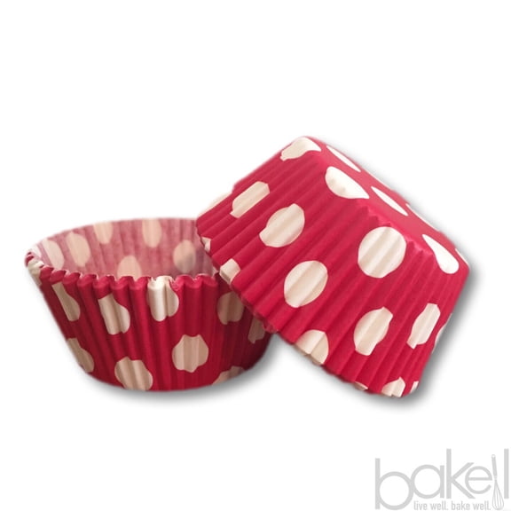 Red & White Polka Dot Cupcake Wrappers (25pcs, Standard Size) Grease Resistant Cake Liners for Baking, Caking and Crafting by Bakell