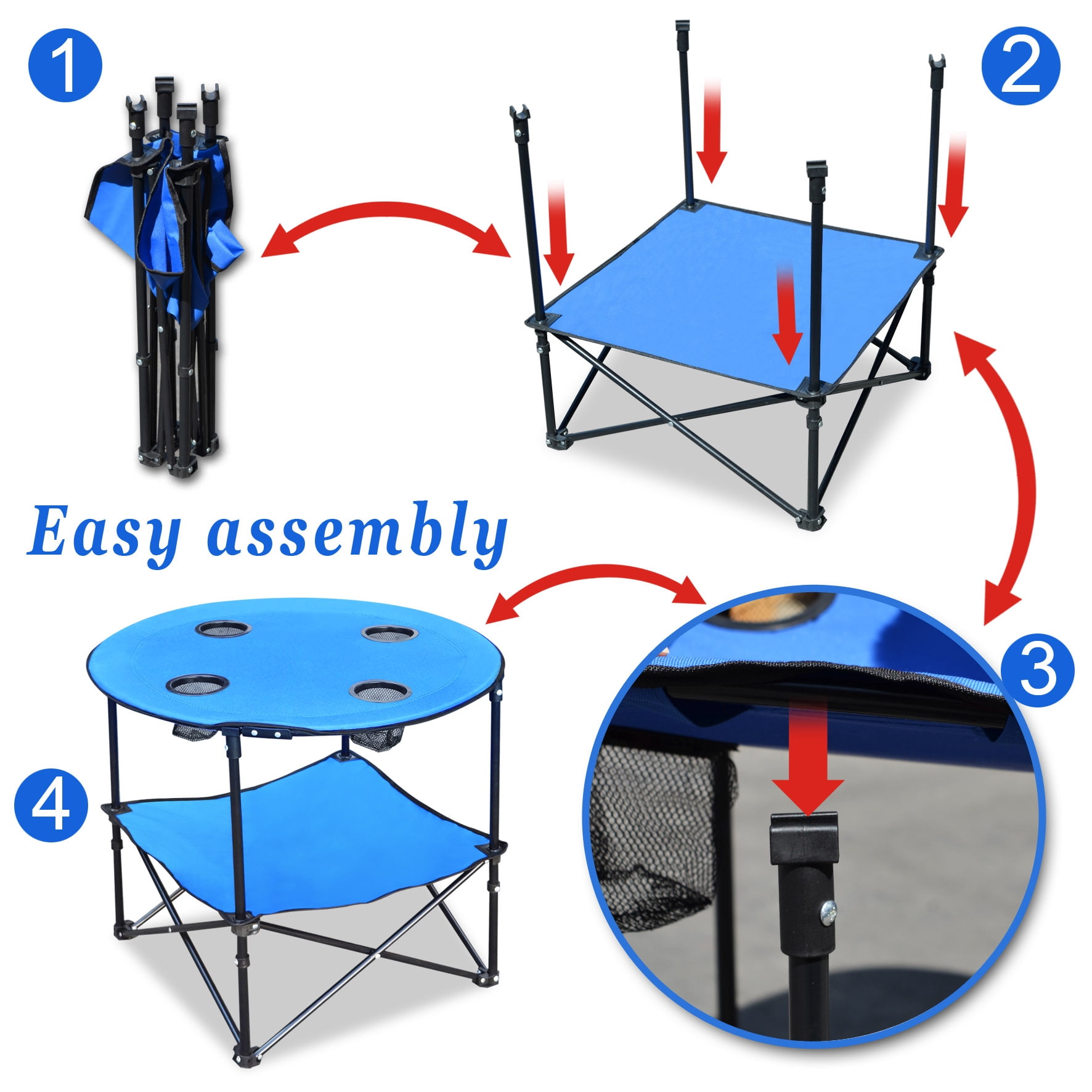 Strong Camel Folding Picnic Table Dia 27.5" Collapsible Round Table with 4 Cup Holders, Carry Case Included (with Shelf)
