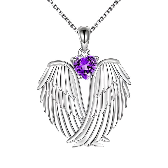 DESIGNICE Angel Wings Necklace 925 Sterling Silver Jewelry Guardian Angel Wings Pendant Necklace Birthstone Necklace Jewelry for Women (Purple)