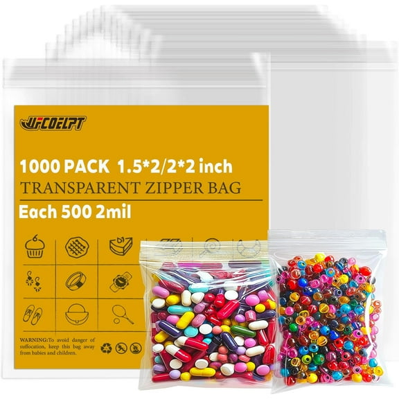 Clear Small Zip Bags 1000 Count (1.5" x 2" & 2" x 2" Each of 500), 2 Mil Thick Reclosable Lock Plastic Bags for Jewelry, Coins, Beads, and More