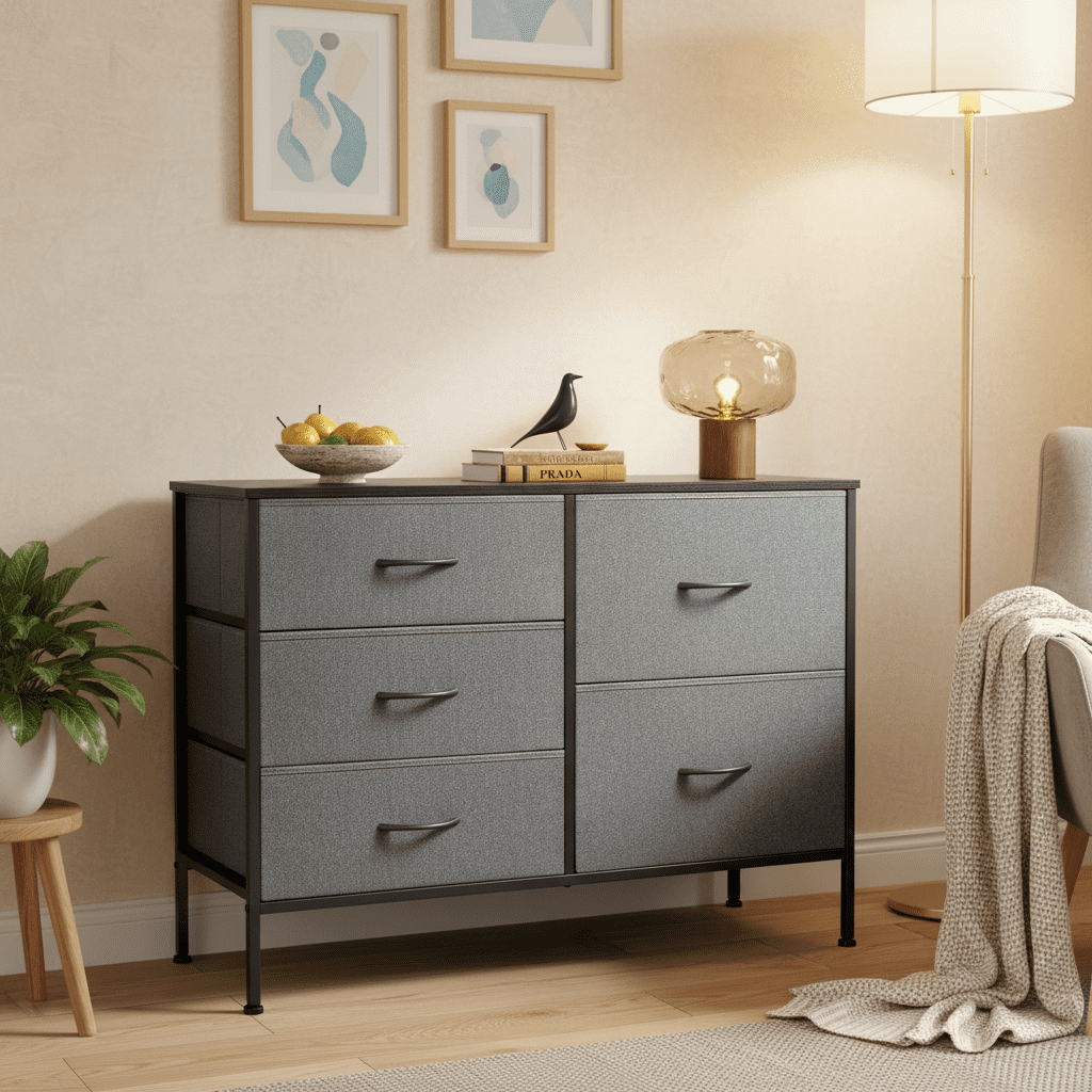 LIFERECORD 5 Drawer Fabric Dresser for Bedroom and Living Room, Chest of Drawer Organizer Storage Cabinet for Closet, Entryway, Grey