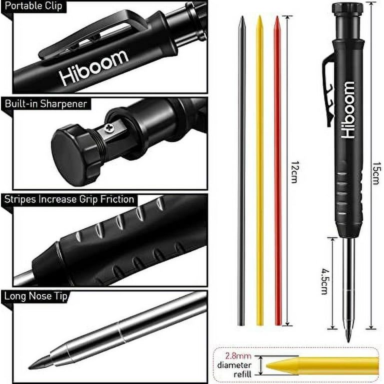Hiboom Carpenter Pencil Set, 6 Pieces Long Nosed Deep Hole Tip Mechanical  Hole Marker with Built in Sharpener and 36 Pcs 2.8 mm Refills for
