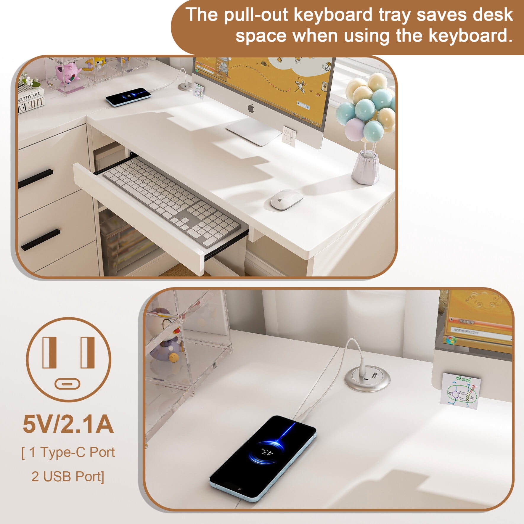L Shaped Corner Desk with LED Lighting and Charging Ports, Home Office Desk with Keyboard Tray, Glass Cabinets and 3 Drawers, White