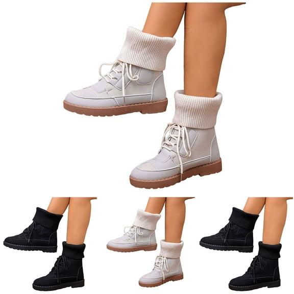 Dakaela Fold Over Boots for Women Slouchy Mid Calf Boot Flat Snow Ankle Booties Lace up Winter High Top Sneakers Black Size 6