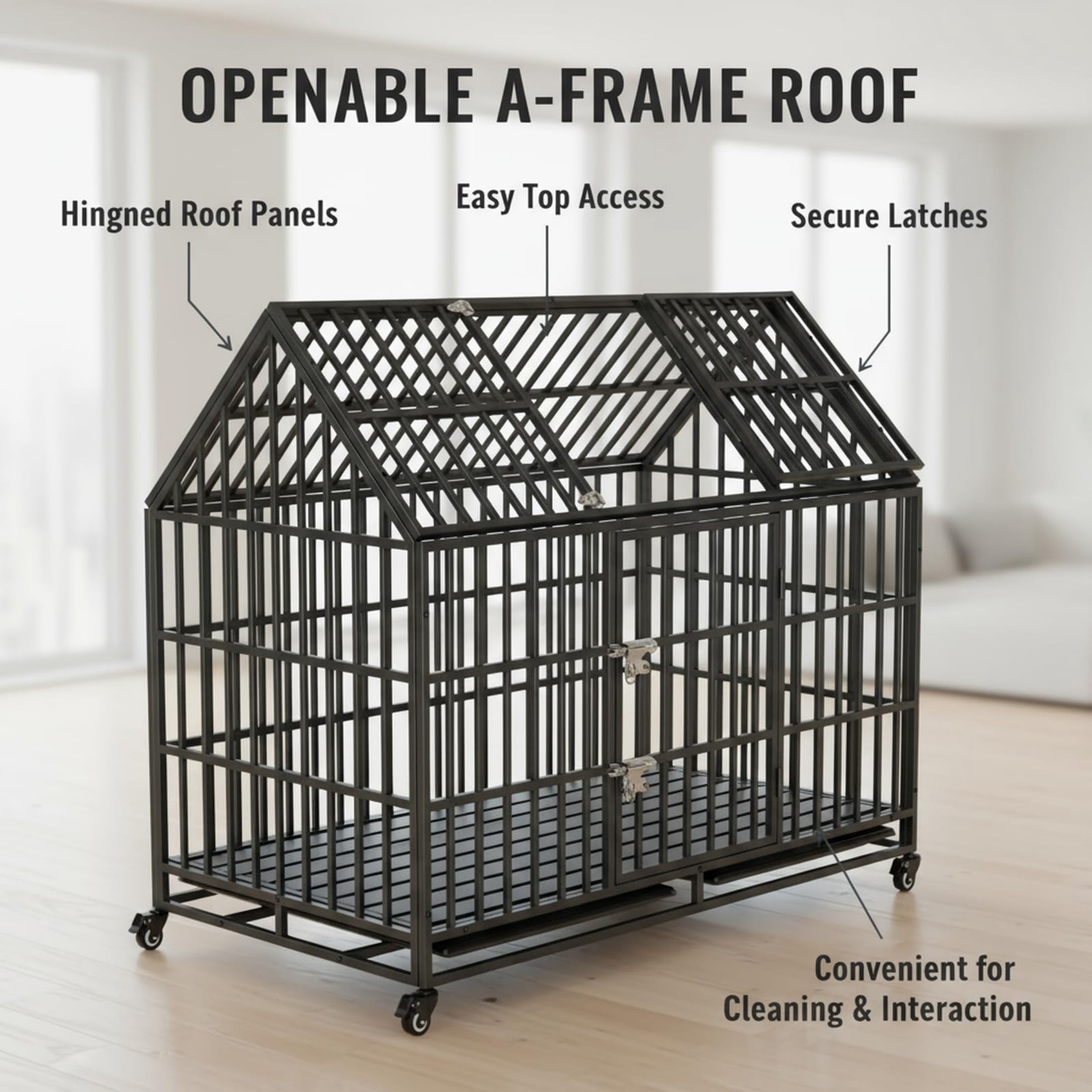 Indestructible Dog Crate with Divider – 54 Inch Heavy Duty Indoor Dog Kennel for Large Dogs, Steel XL Dog Cage with Double Door, Wheels & Removable Tray, Black