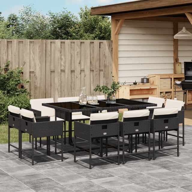 vidaXL 11 Piece Garden Dining Set with Cushions Black Poly Rattan