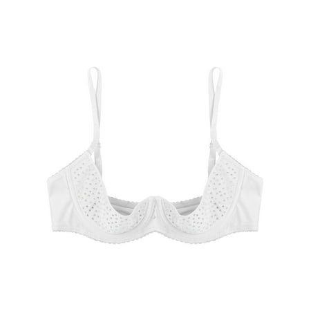 iiniim Women s Sparkly Rhinestone Underwire Shelf Bra Push Up Half Cup Balconette Lingerie White S