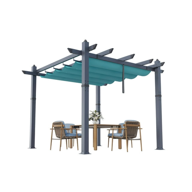 EDTara 10x10 Ft Outdoor Pergola Metal Gazebo with Retractable Canopy for Backyard Deck Patio Porch Grape Trellis