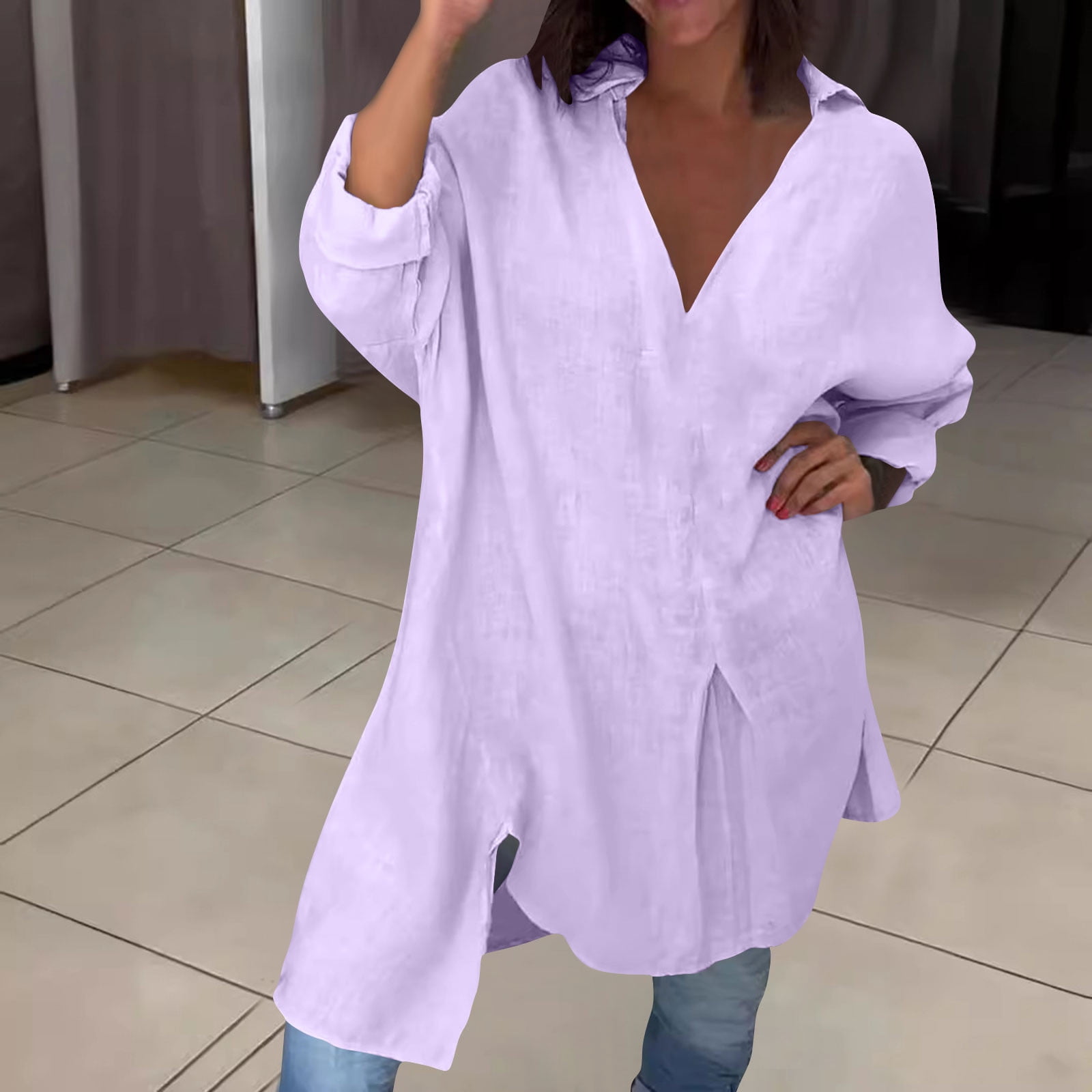 Women Cotton Linen Shirts Dress Long Sleeve Dress Shirts V-neck Blouses Beach Casual Solid Tunic Sundress