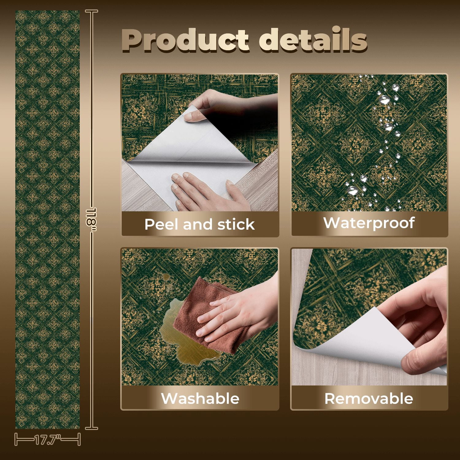 Peel and Stick Wallpaper Baroque Vintage Floral Damask Green Gold Accents Wall Mural 17.7in x 9.8ft Self Adhesive Removable Wall Paper Renter Friendly Wallpaper for Nursery Bedroom Cabinets