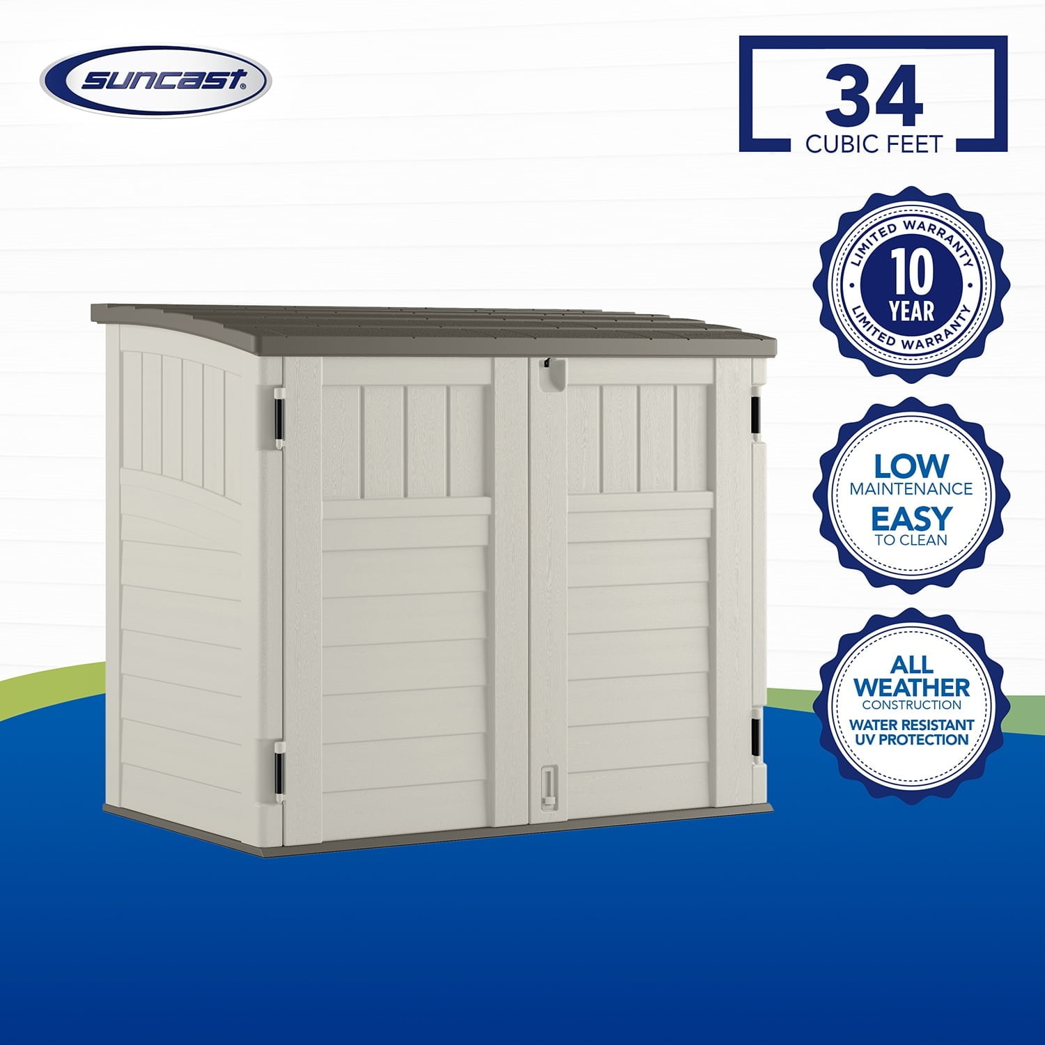 Suncast 34 Cubic ft. Horizontal Outdoor Resin Storage Shed, Vanilla,53 in D x 45.5 in H x 32.25 in W
