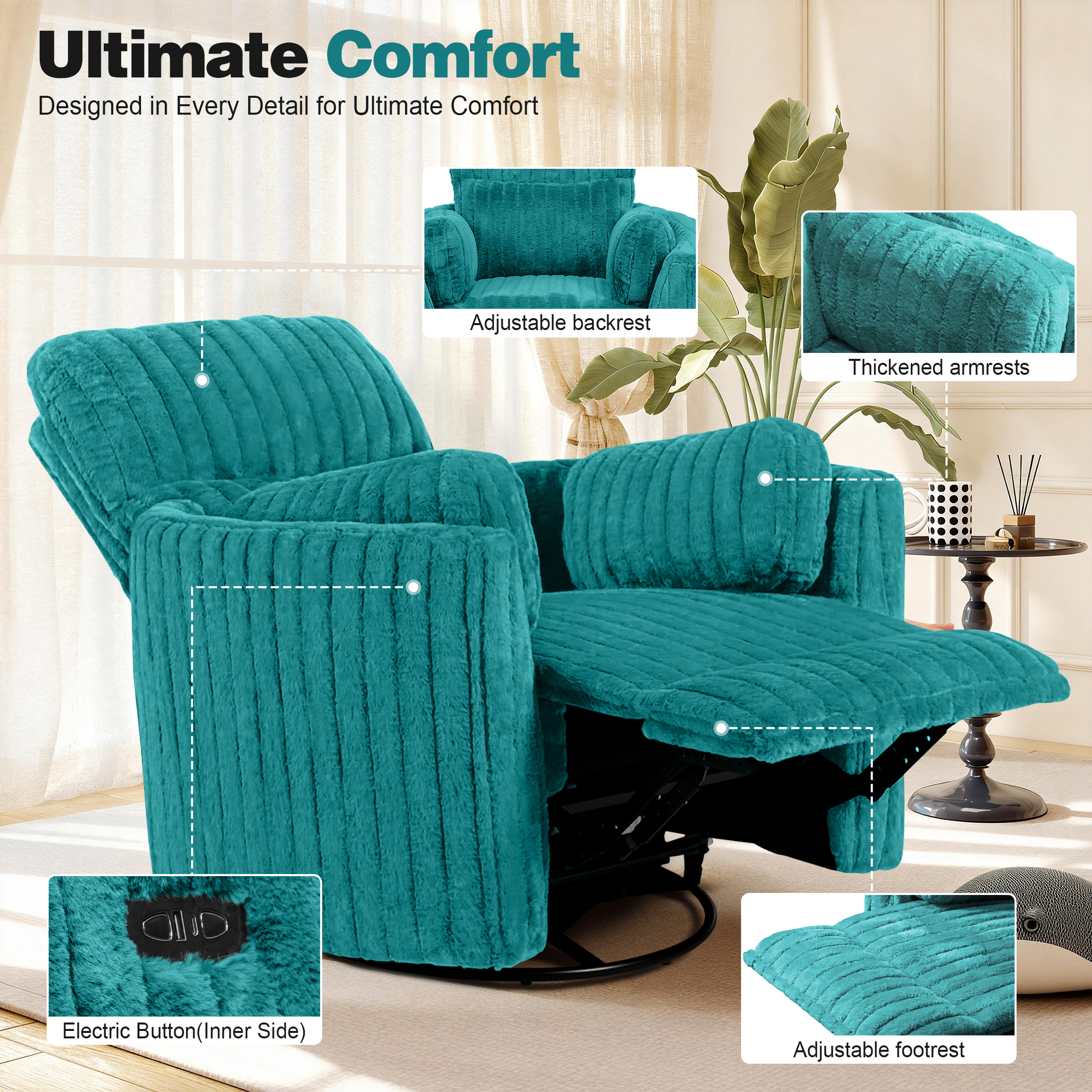 Aukfa Swivel Rocking Glider Power Recliner Chair with 24" Wide Seat & Type-C & USB Ports, Dark Teal