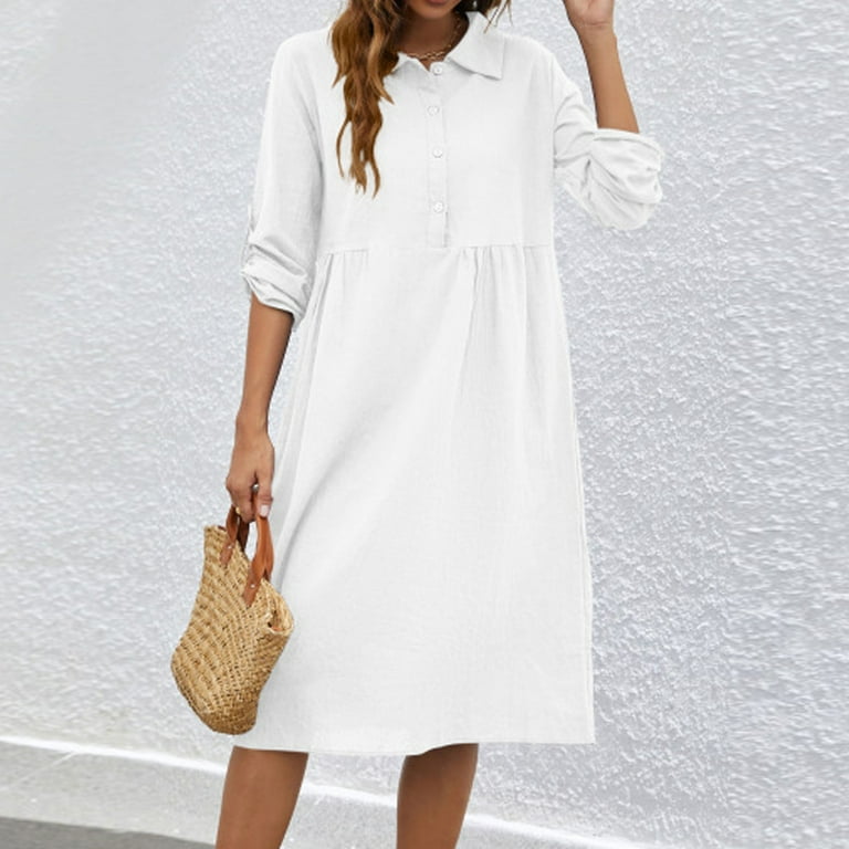 knee length dresses for ladies White 100% Cotton Button-Down Midi Shirt Dress 42