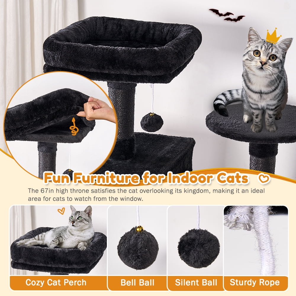 Senbonry 67in Heavy Duty Cat Tree for Indoor Cats Large Adult,Tall Cat Climbing Tower with Hammock,Sisal Scratching Post,Basket,Removable Perch,Condo,Black